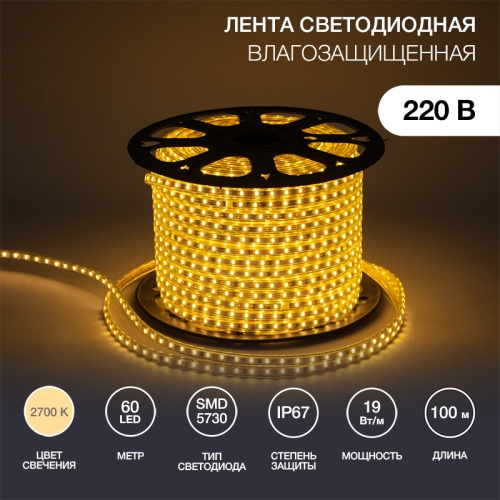 LED лента 220 В, 6.5x13 мм, IP67, SMD 5730, 60 LED/m, цвет свечения теплый белый, 100 м | код 142-702 | NEON-NIGHT
