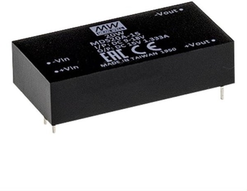 Источник питания DC-DC, 20Вт, вход 24В (18…36В) DC, потребление без/под нагр. 7мА/1000мА, выход 15В/1333мА, КПД 88%, ёмкостная нагр. макс. 800мкф, изоляция 4000В AC, в корпусе 50.8х25.4х12мм, -40…+90С | код MDS20B-15 | MeanWell